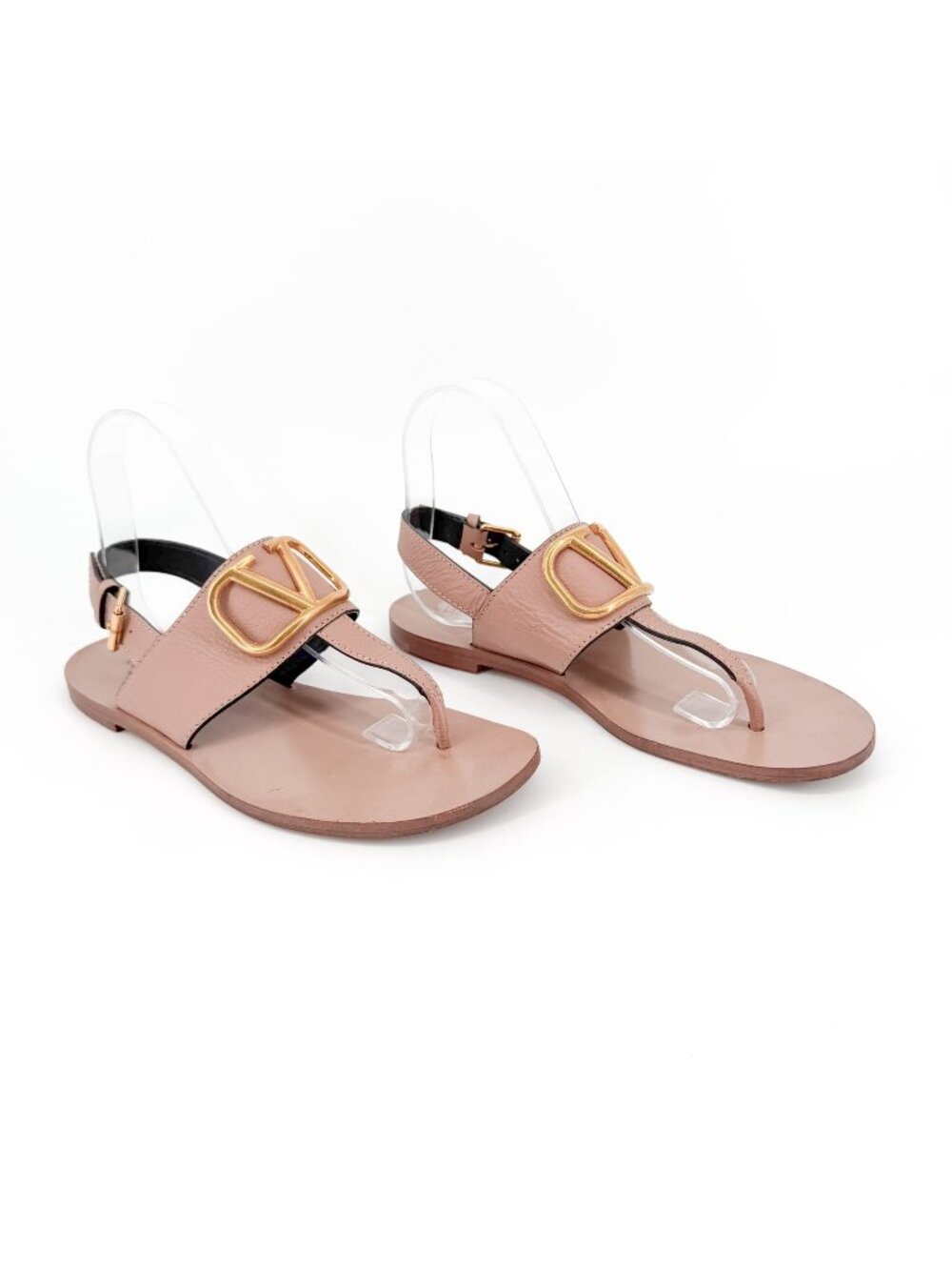 Valentino Garavani Vlogo Beige Leather T-Strap Flat Sandals Size 38 US 8 Women's